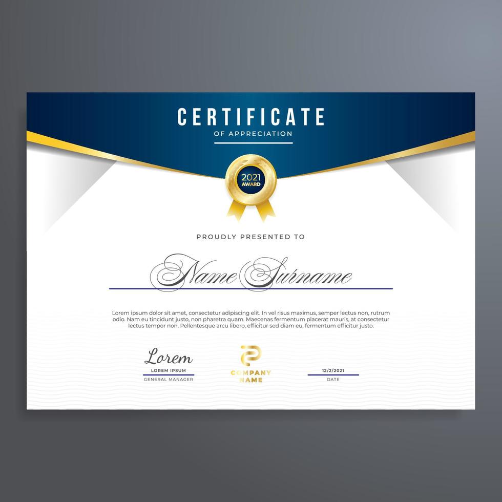 Multipurpose certificate template with gold and blue color, simple and elegant design vector