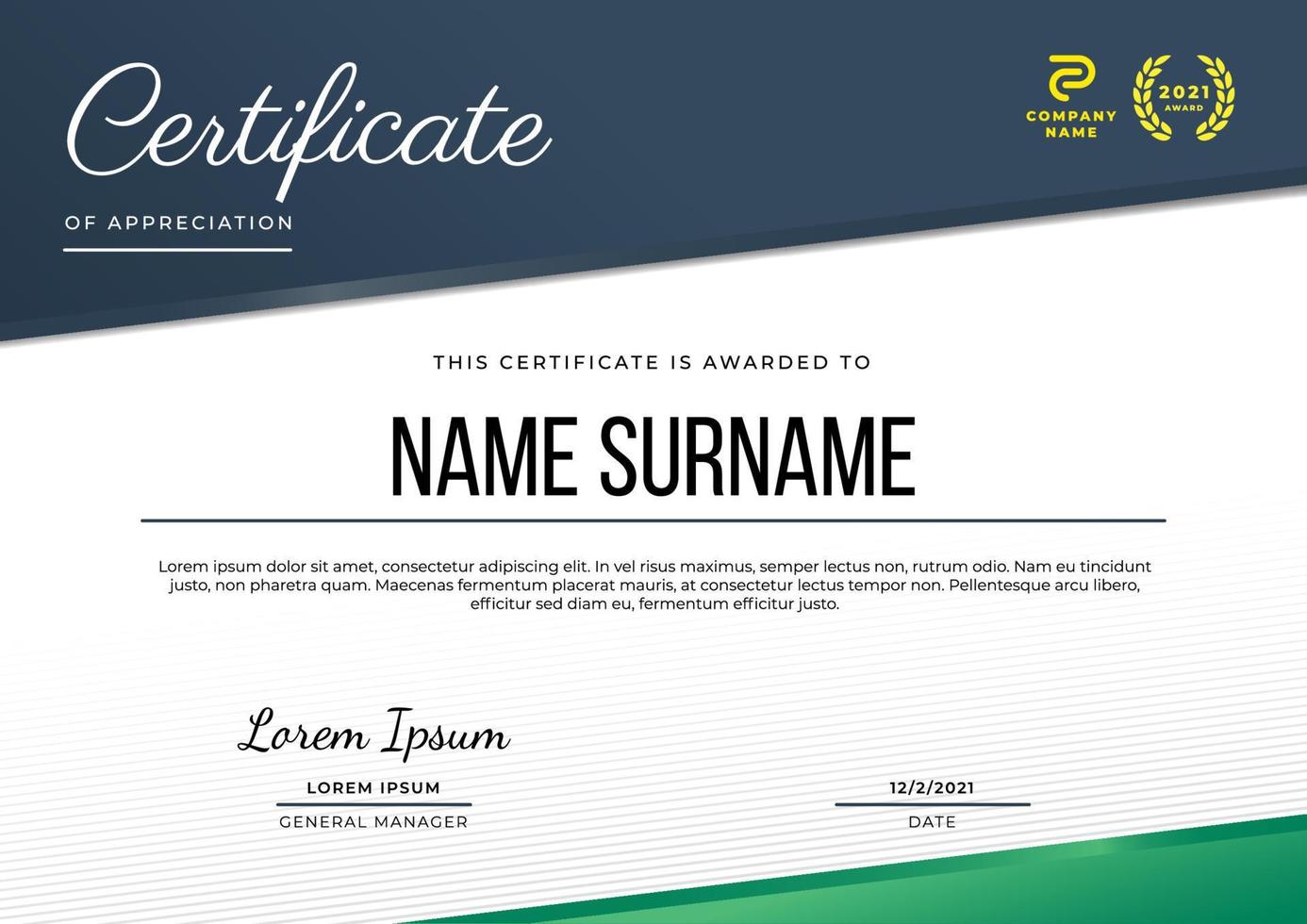 Certificate of appreciation template with deep blue and deep green gradient color, multipurpose, simple and elegant design. vector