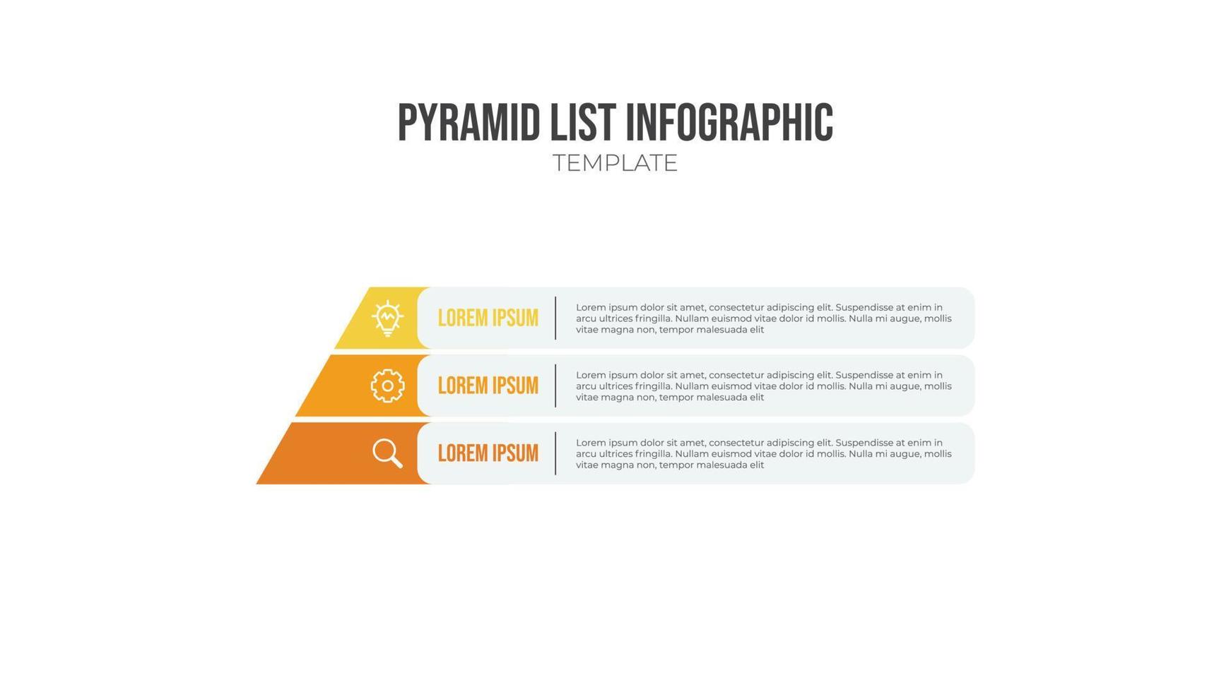 vector de elementos infográficos de lista piramidal, plantilla de 3 listas con iconos. Se utiliza para mostrar relaciones proporcionales, interconectadas o jerárquicas.