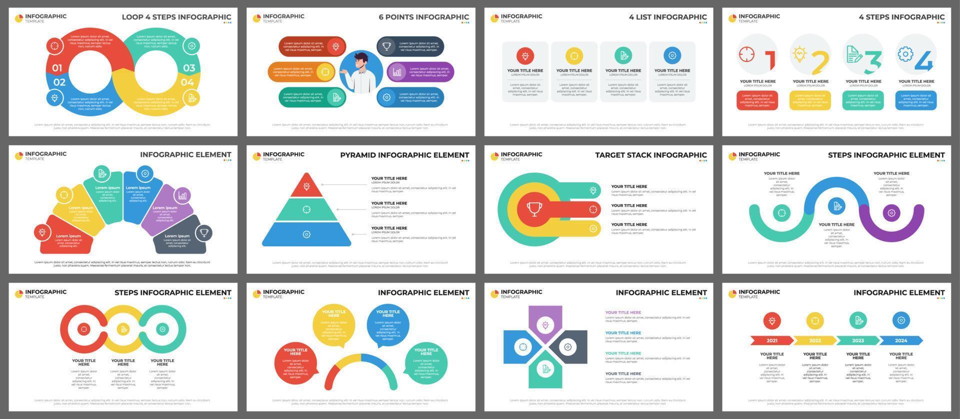 Infographic element template bundle, data visualization with steps, options, workflow diagram, multipurpose layout for presentation, banner, brochure, flyer, report, etc vector