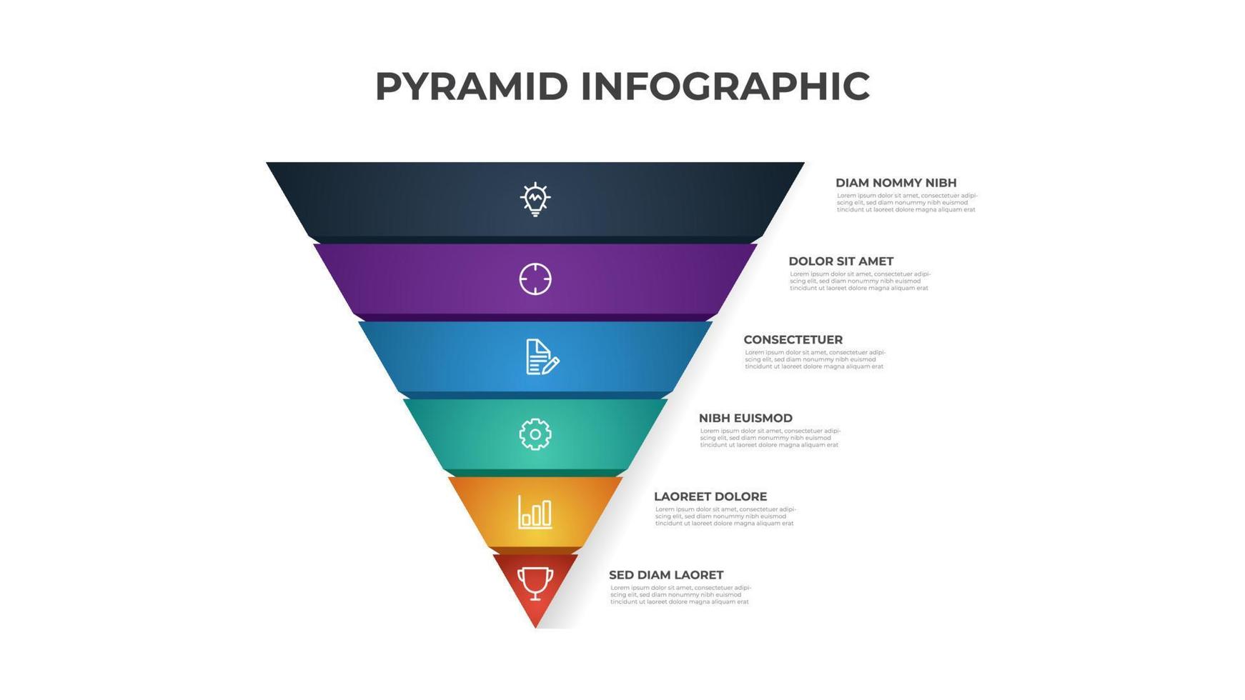 Diagrama de lista de 6 puntos de pirámide, vector de plantilla de elemento infográfico, diseño de nivel de triángulo segmentado