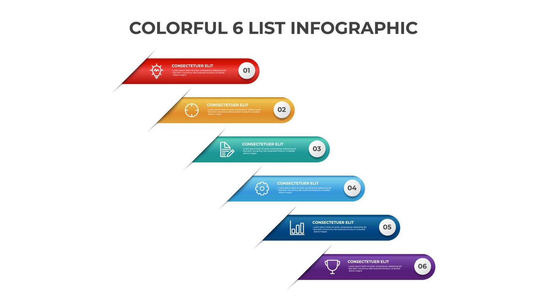 6 puntos de diseño de diagrama de lista, vector de plantilla de elemento infográfico colorido