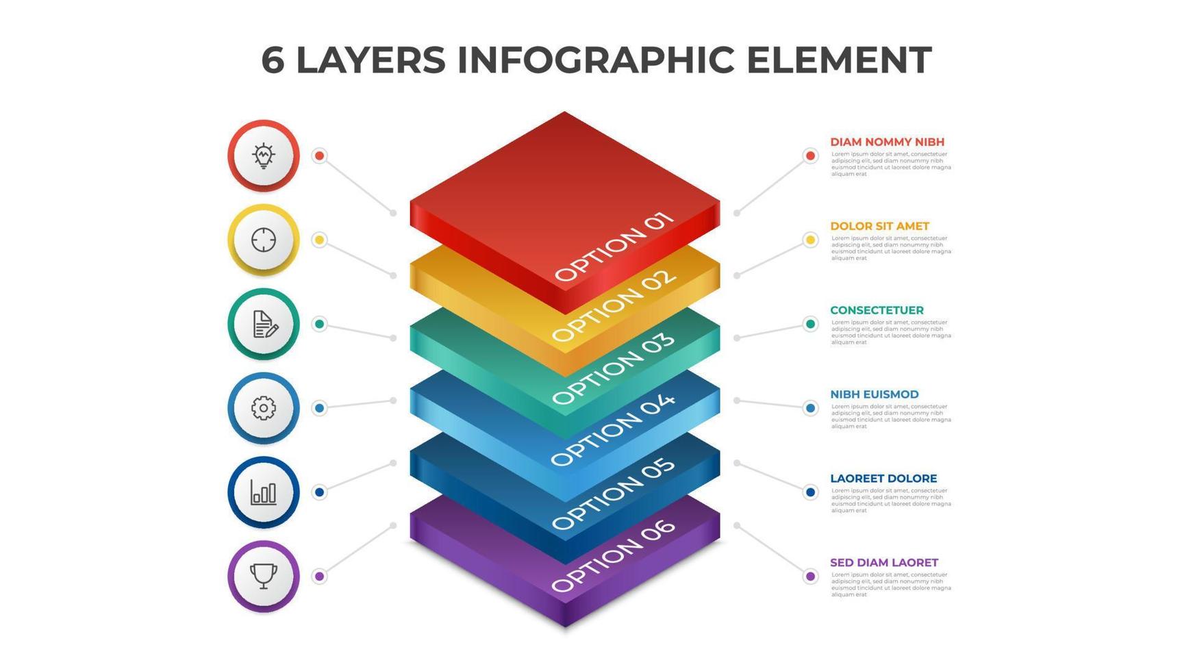 Vector de plantilla de elemento infográfico de 6 capas, diagrama de lista vertical para diseño de presentación, etc.