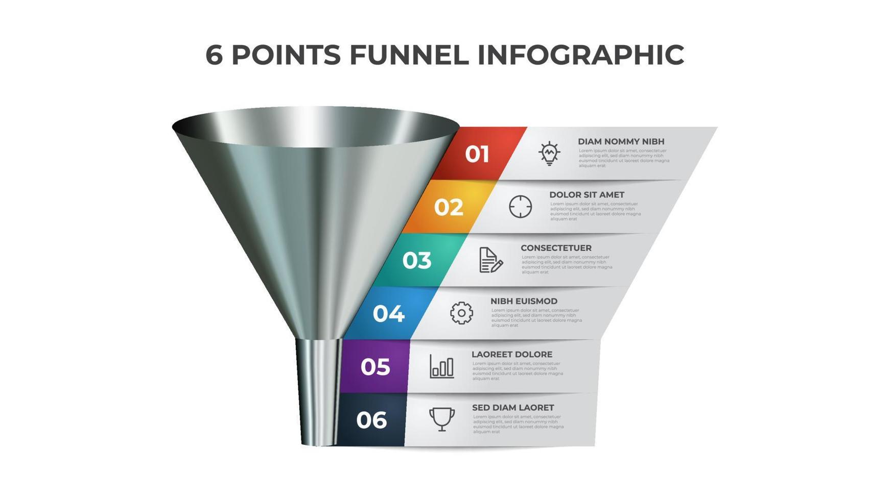 Funnel infographic diagram, chart element with 6 points, list, options, can be used for presentation, digital marketing, sales, etc. vector