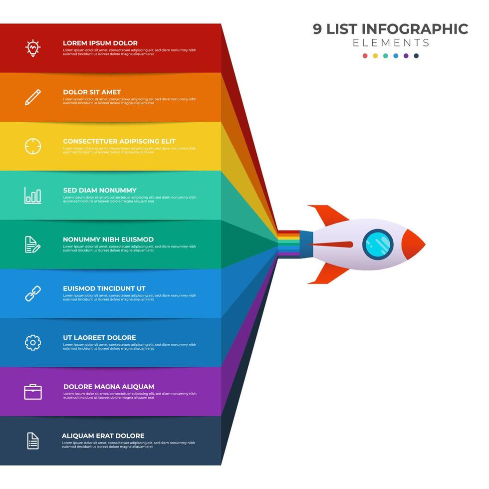 List diagram with 9 points of steps, sequence, colorful rocket launch startup, infographic element template vector. vector
