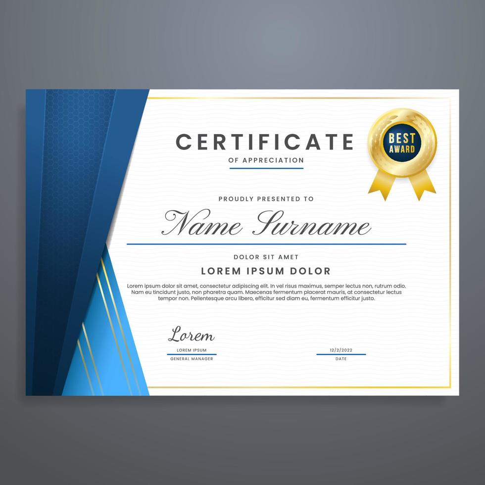 blue and gold multipurpose certificate template with gold badge, modern and luxury certificate border or frame vector