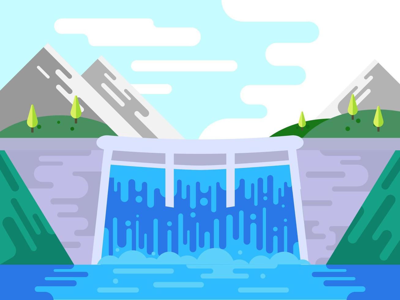 hydro power plant building infrastructure, front view of dam with opened water gate, water flowing streaming from dam with beautiful view of landscape, vector illustration, flat style.