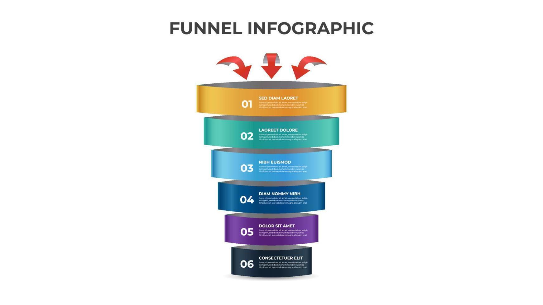 6 points of funnel diagram with arrows, stages and steps infographic template element vector. vector