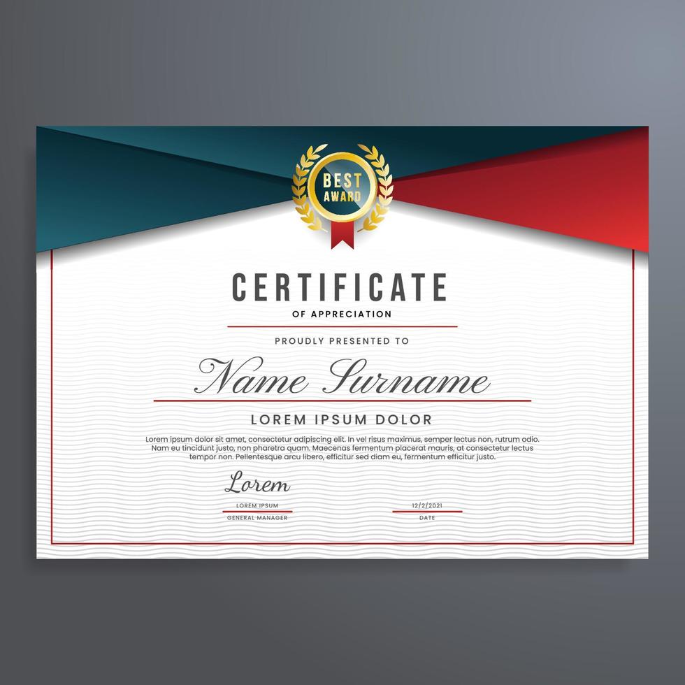 vector de plantilla de certificado de apreciación multipropósito, diseño de borde de certificado con insignia azul oscuro, roja y dorada, puede usarse para diploma, negocio, logro, finalización, etc.