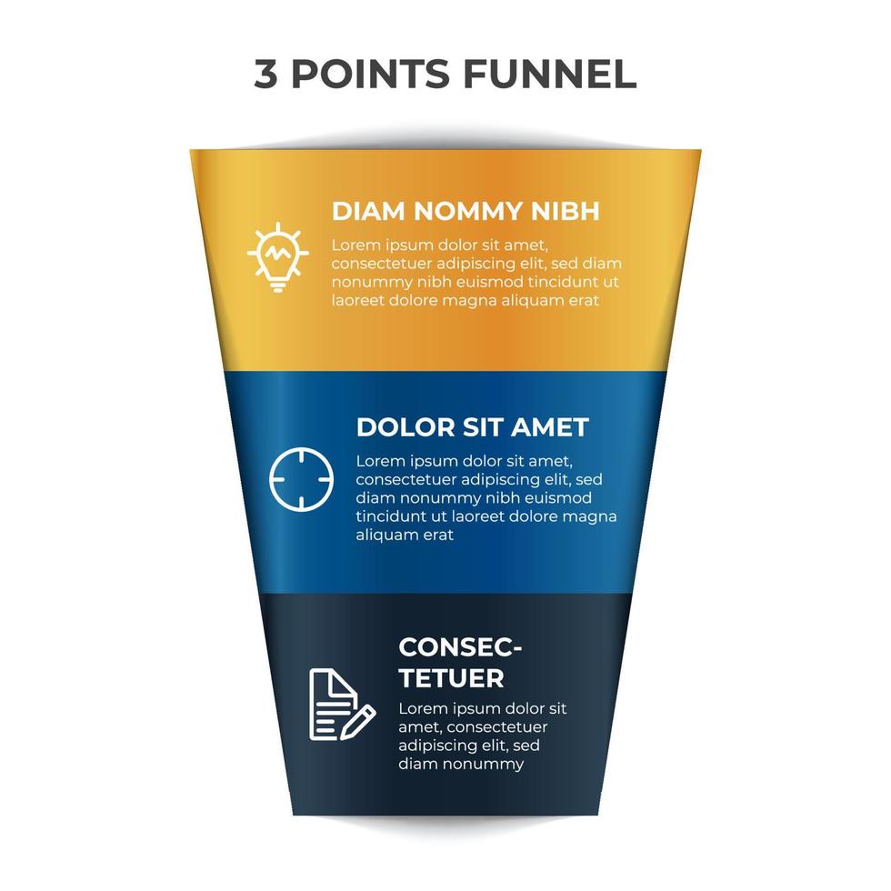 funnel chart infographic element vector with 3 points, options, list, can be used for digital marketing, sales, process flow