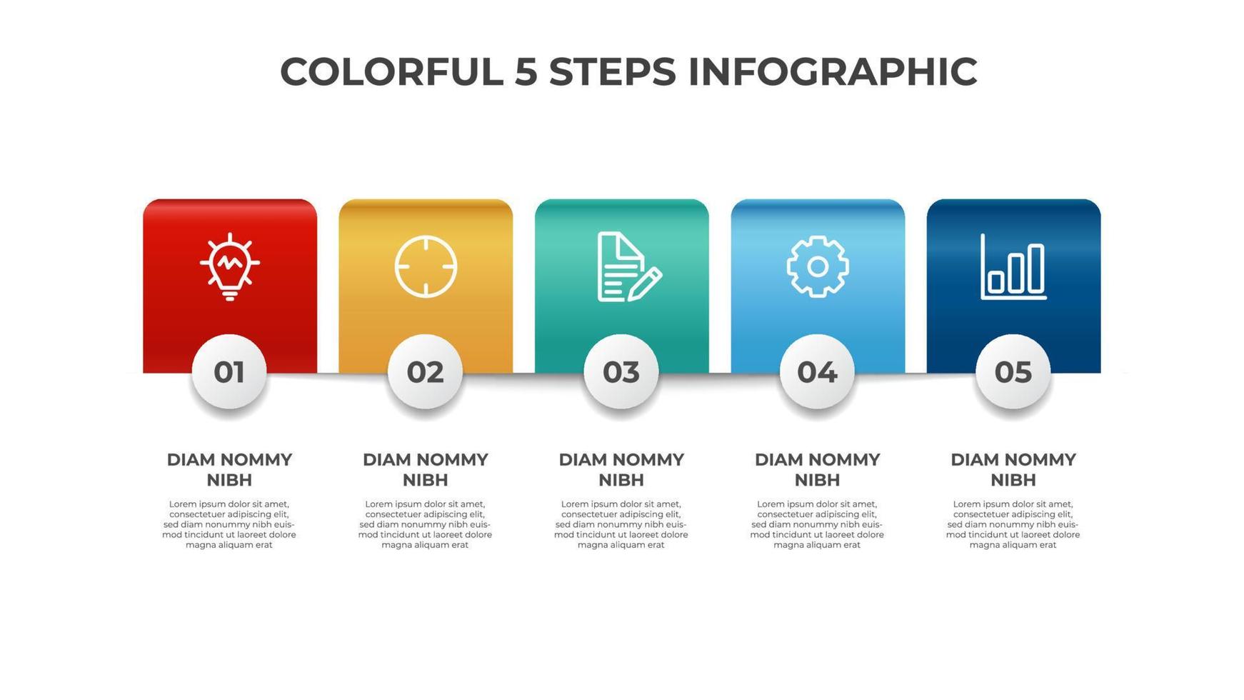 Colorful 5 points of list diagram, steps with horizontal layout, infographic element template vector