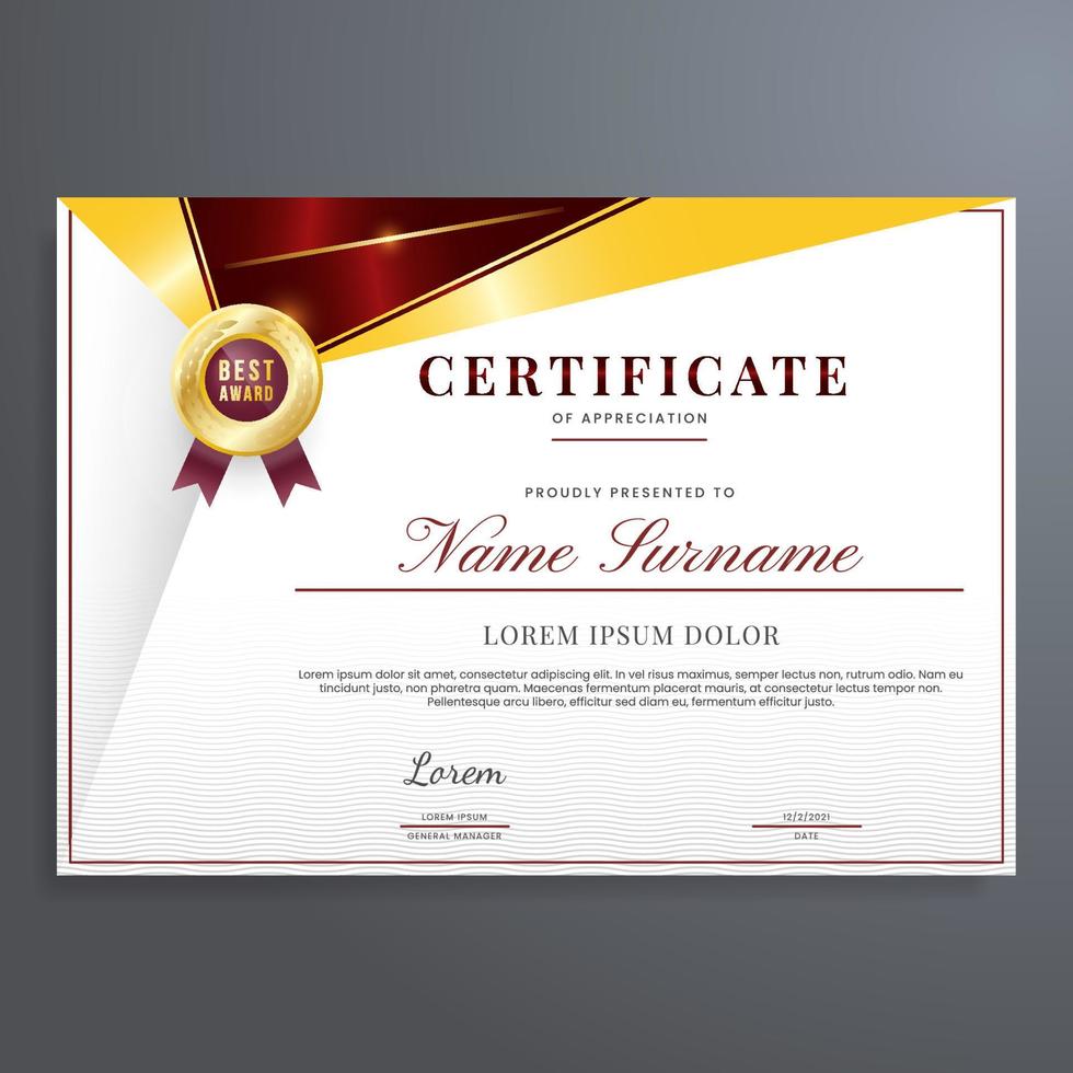 Modern and luxury certificate border template with red and gold badge color. Multipurpose certificate border template vector