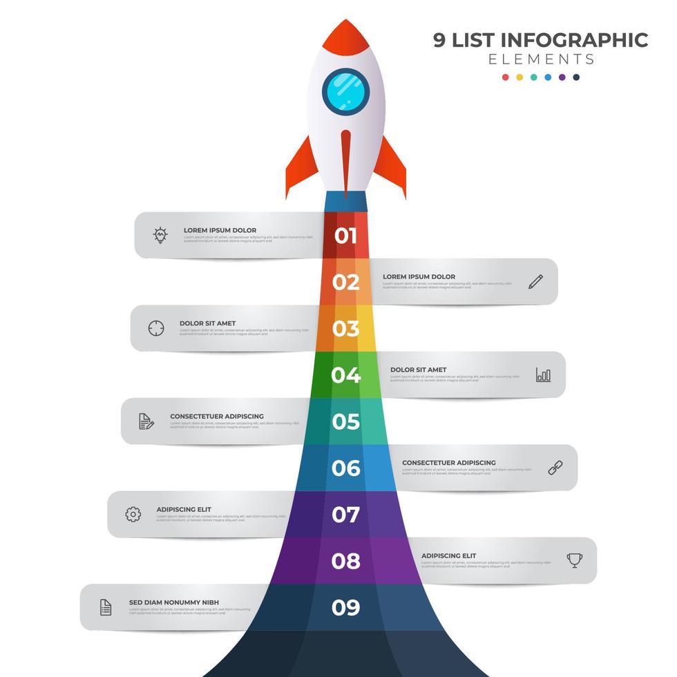 List diagram with 9 number points of step, sequence, colorful rocket launch startup, infographic element template vector. vector