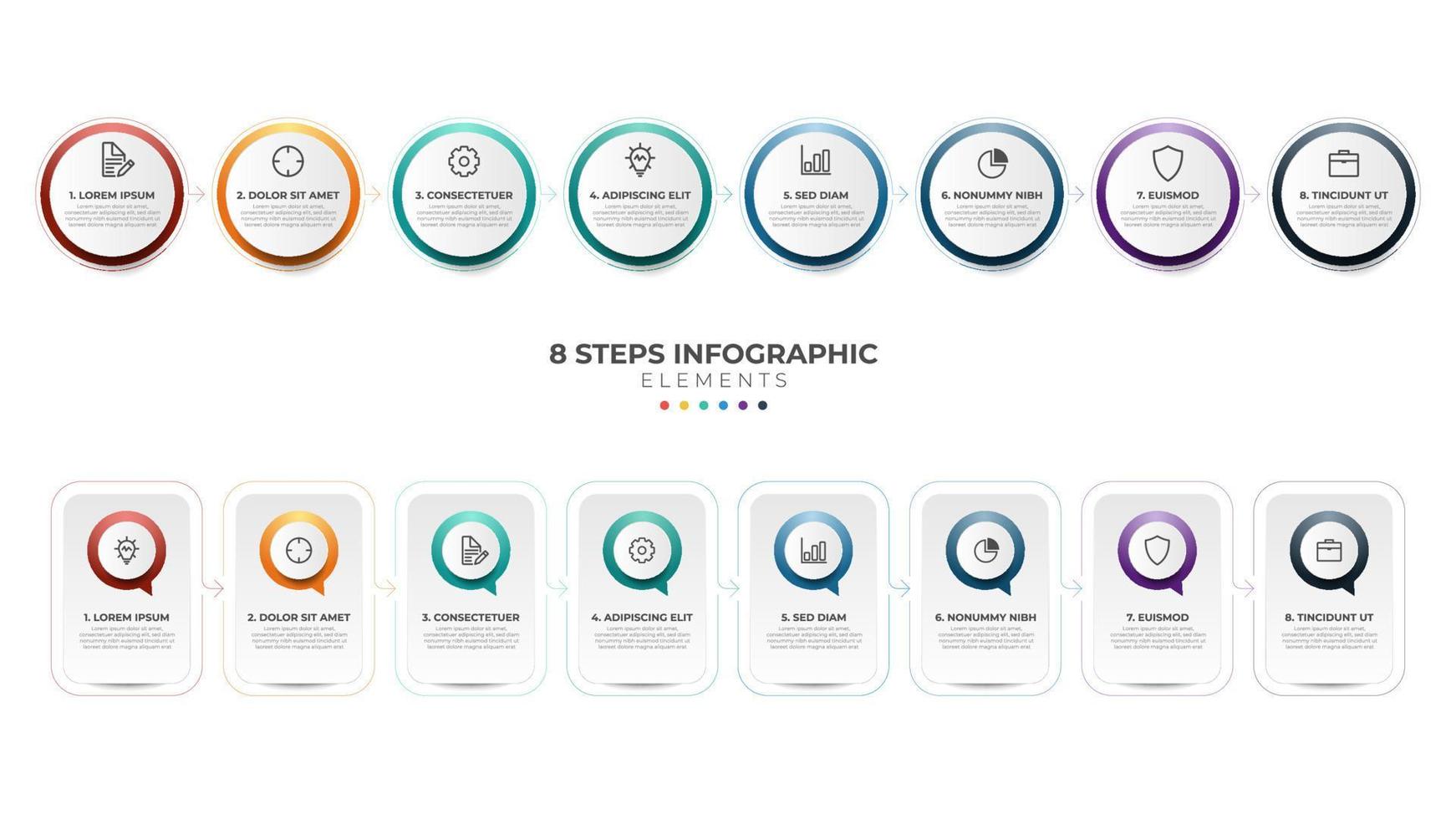8 list of steps, horizontal sequence with icon and number, infographic element template layout diagram vector