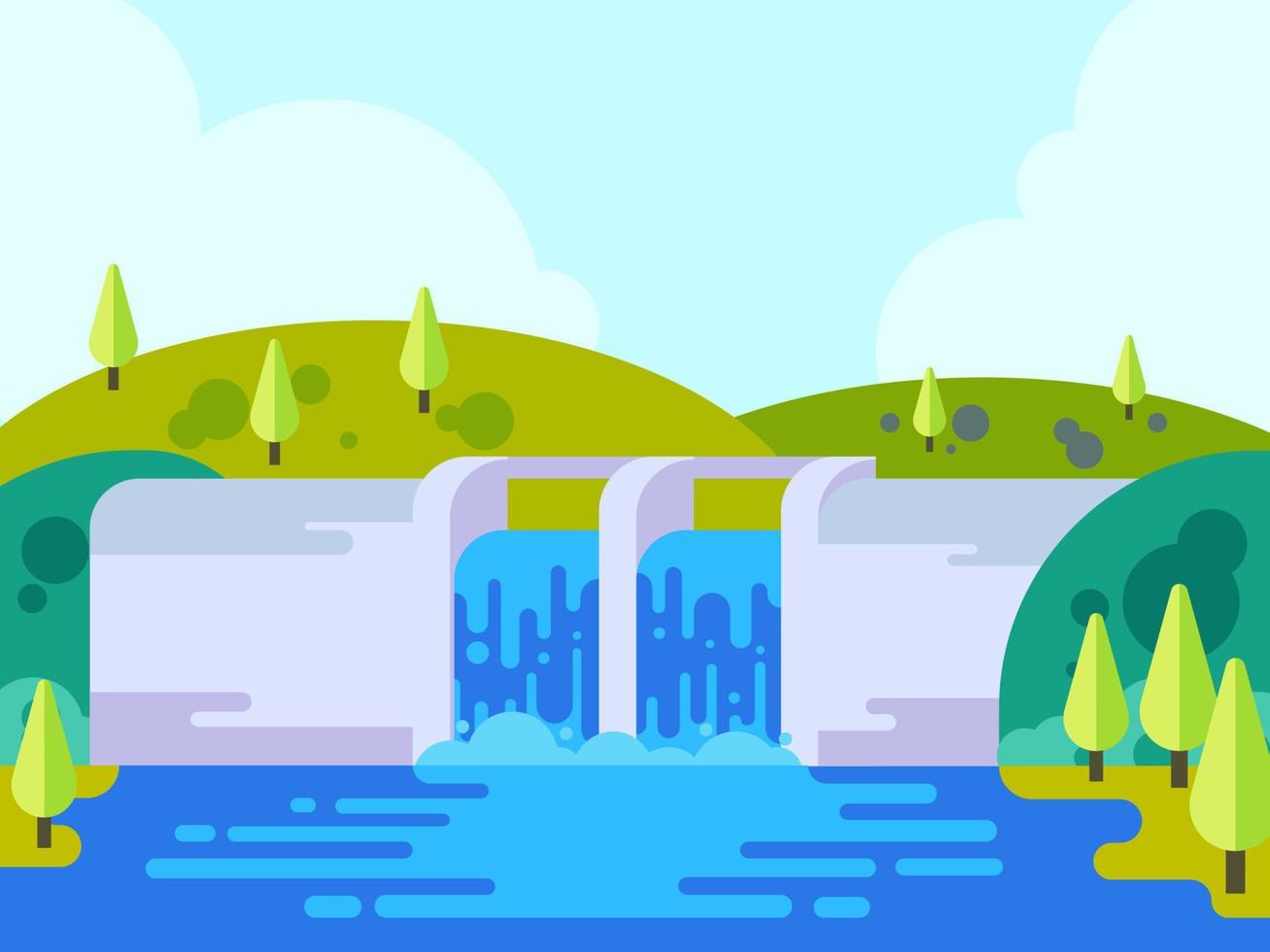 vista frontal del edificio de la central hidroeléctrica con un hermoso paisaje, presa con puerta de agua abierta, agua que fluye de la presa, ilustración vectorial. vector