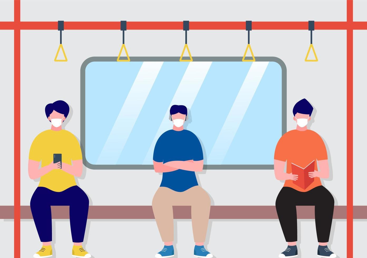 subway train car interior with passengers implement physical distancing during covid 19 cartoon vector illustration