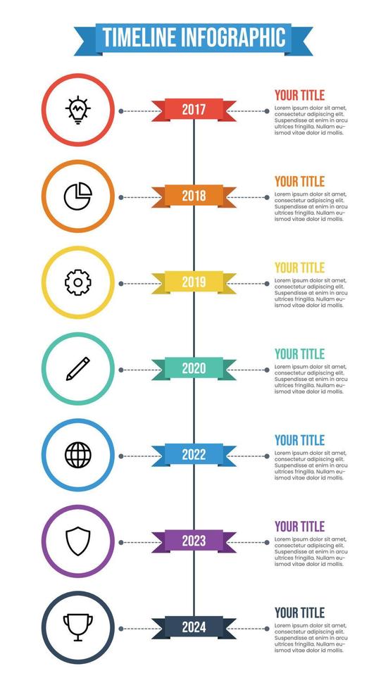 visualización de datos, vector de plantilla de infografía de línea de tiempo vertical con 6 puntos de años, títulos, descripciones e iconos. plantilla de hitos de la empresa comercial. reporte anual.