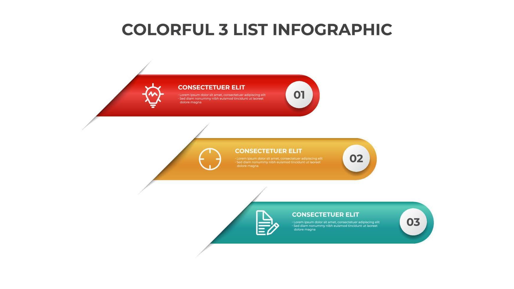 3 puntos de diseño de diagrama de lista, vector de plantilla de elemento infográfico colorido