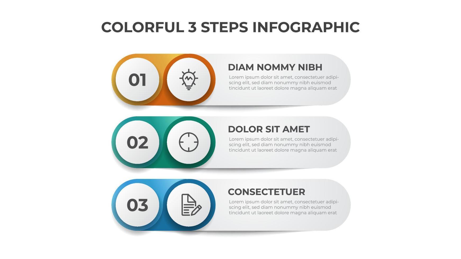 3 puntos de pasos, vector de plantilla de elemento infográfico, diagrama de diseño de lista.