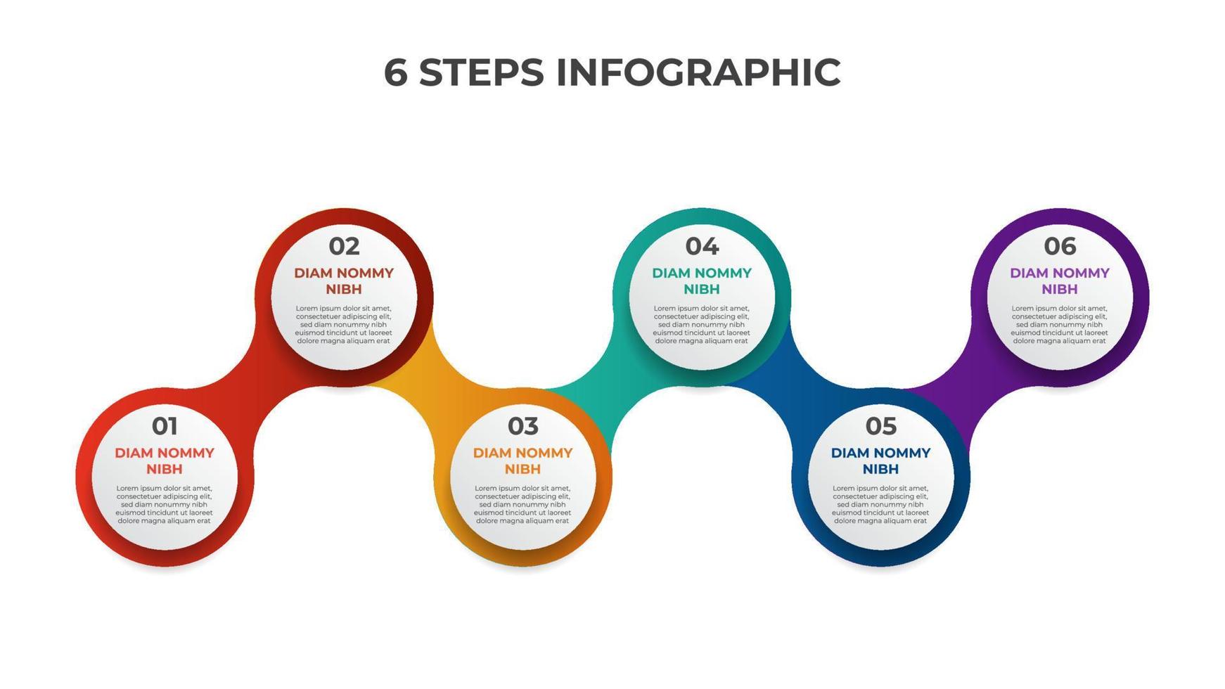 6 puntos de pasos, diagrama de lista de círculo conectado con número de secuencia, vector de plantilla de elemento infográfico