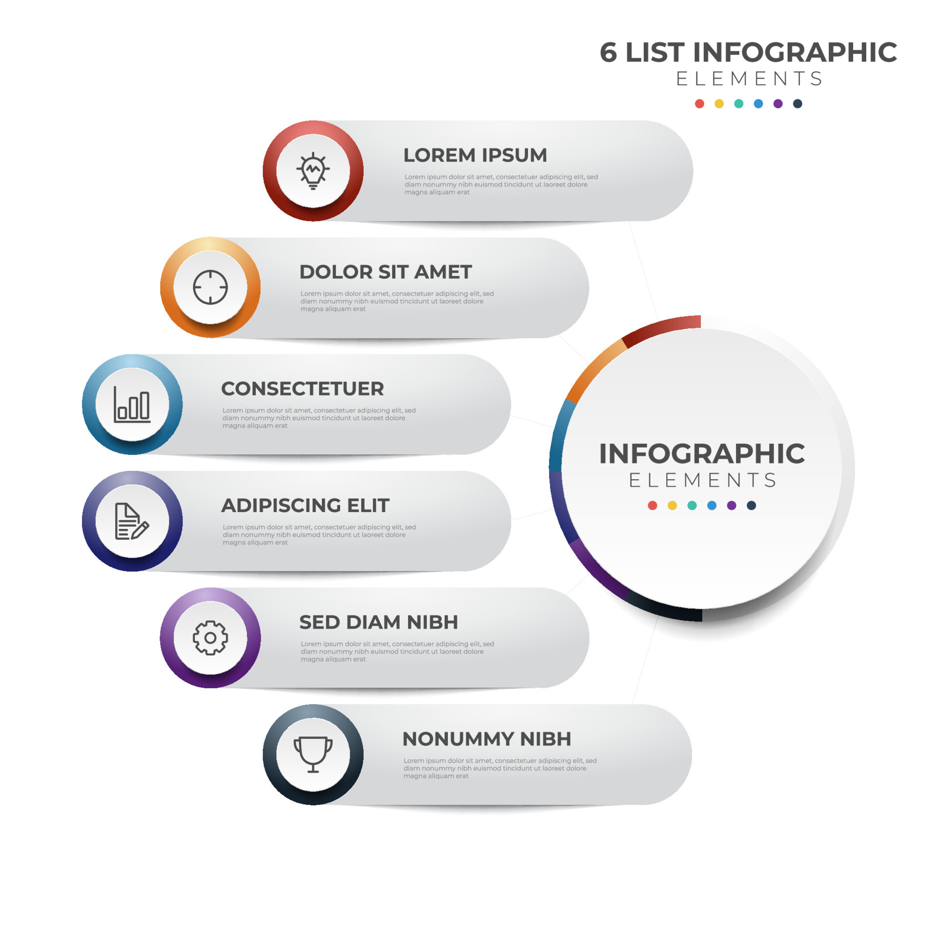 6 points of steps, circular list diagram , infographic element layout