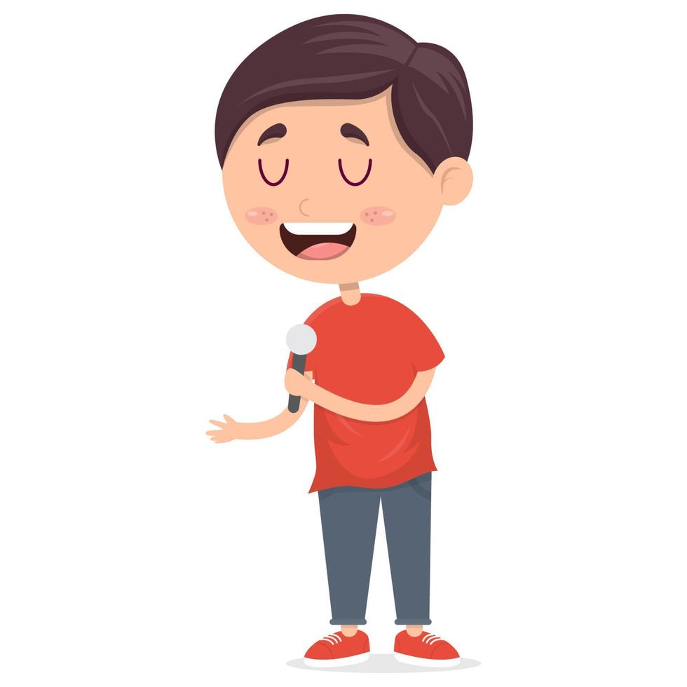 happy little boy singing with microphone in his hand, cartoon vector illustration on white background