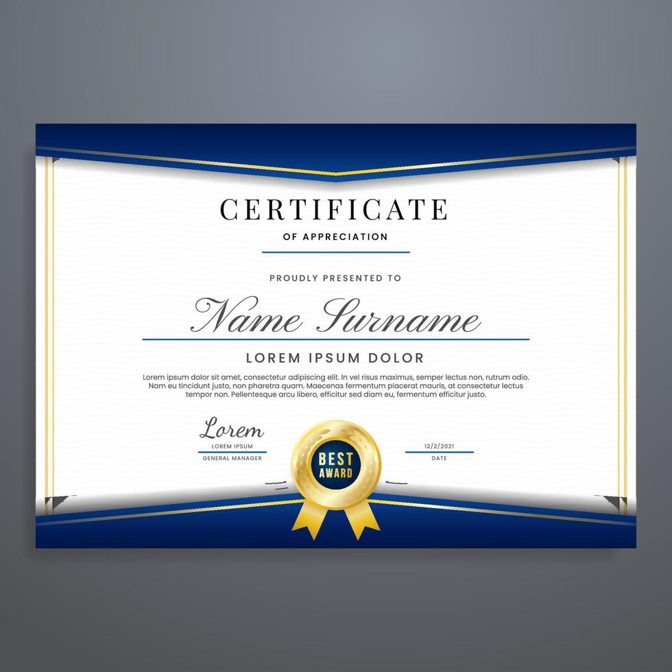 Certificate layout template with blue and gold colors, multipurpose certificate border vector. vector