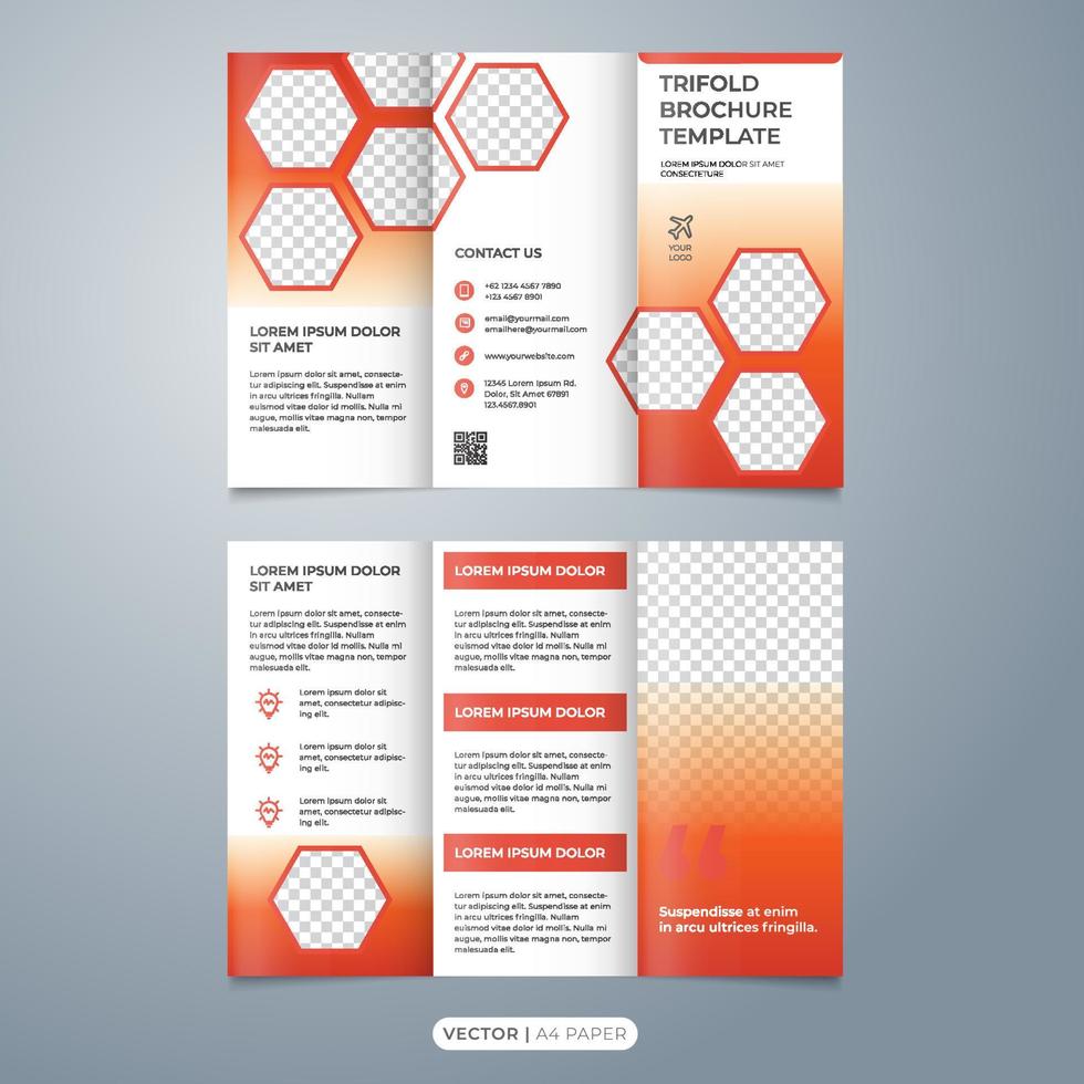 hexagonal tri fold brochure layout template vector with red color