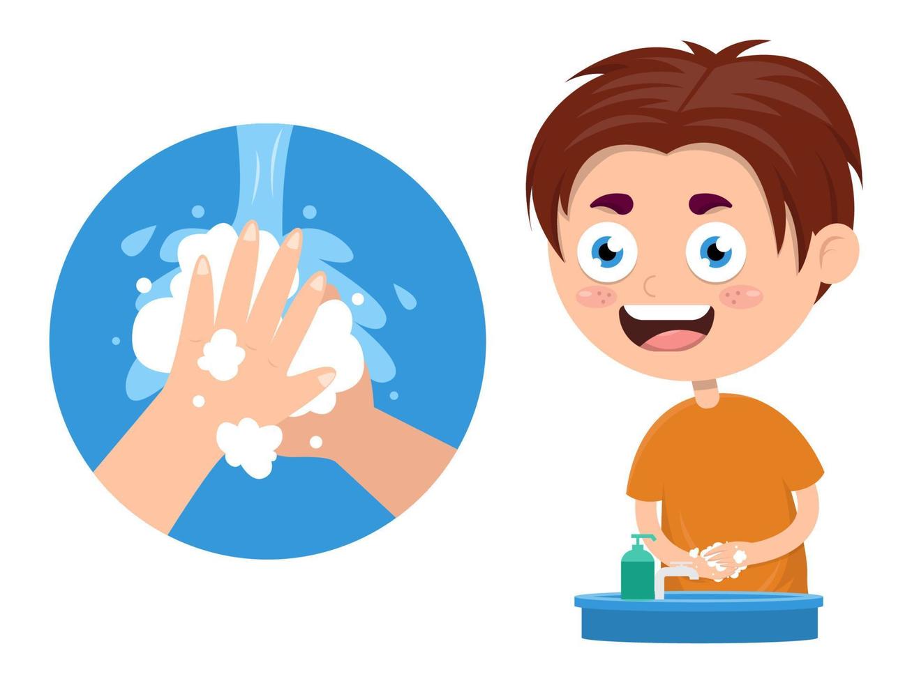 little boy washing hands using water and liquid soap for preventing from viruses, cartoon vector illustration