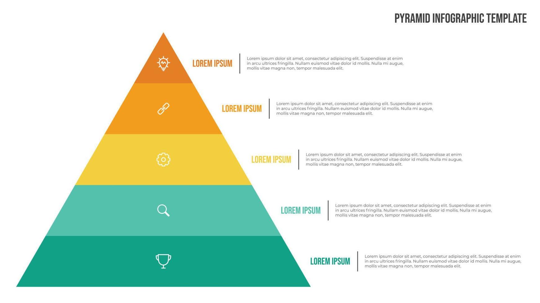 vector de plantilla infográfica de lista piramidal con 5 puntos e iconos. Se utiliza para mostrar relaciones proporcionales, interconectadas o jerárquicas. uso para diapositivas de presentación, pancarta, folleto, volante.