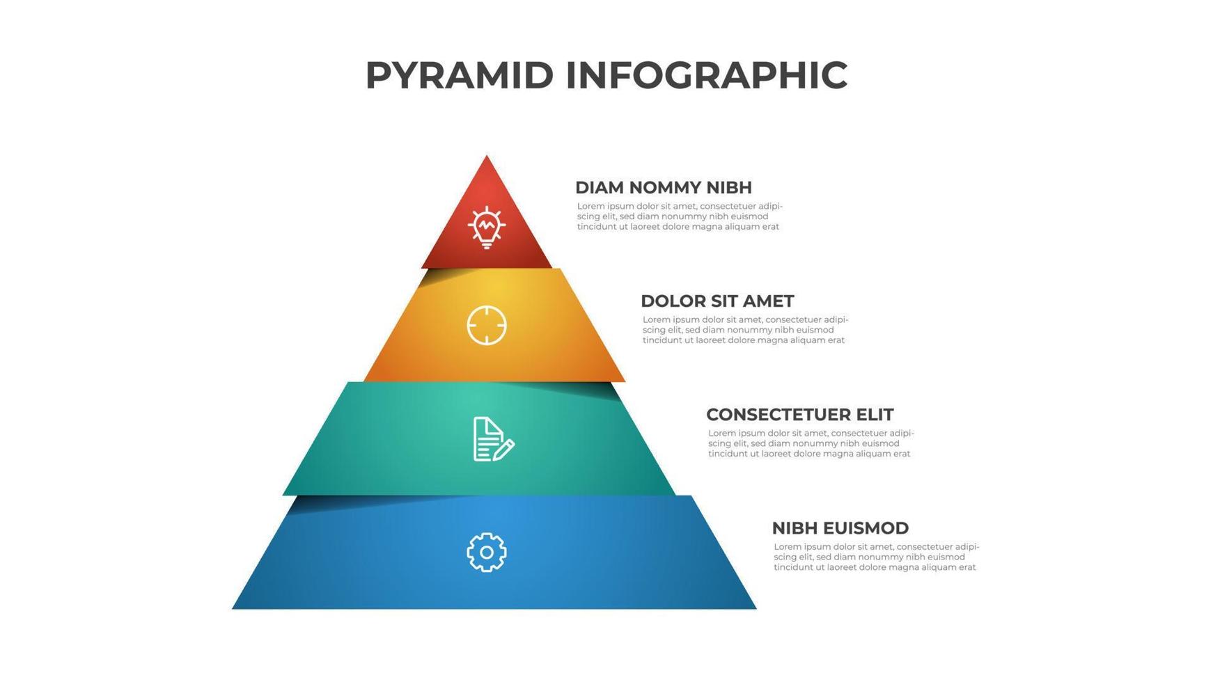 Colorful pyramid infographic template vector with 4 steps, list, levels diagram. Triangle segmented layout for presentation.