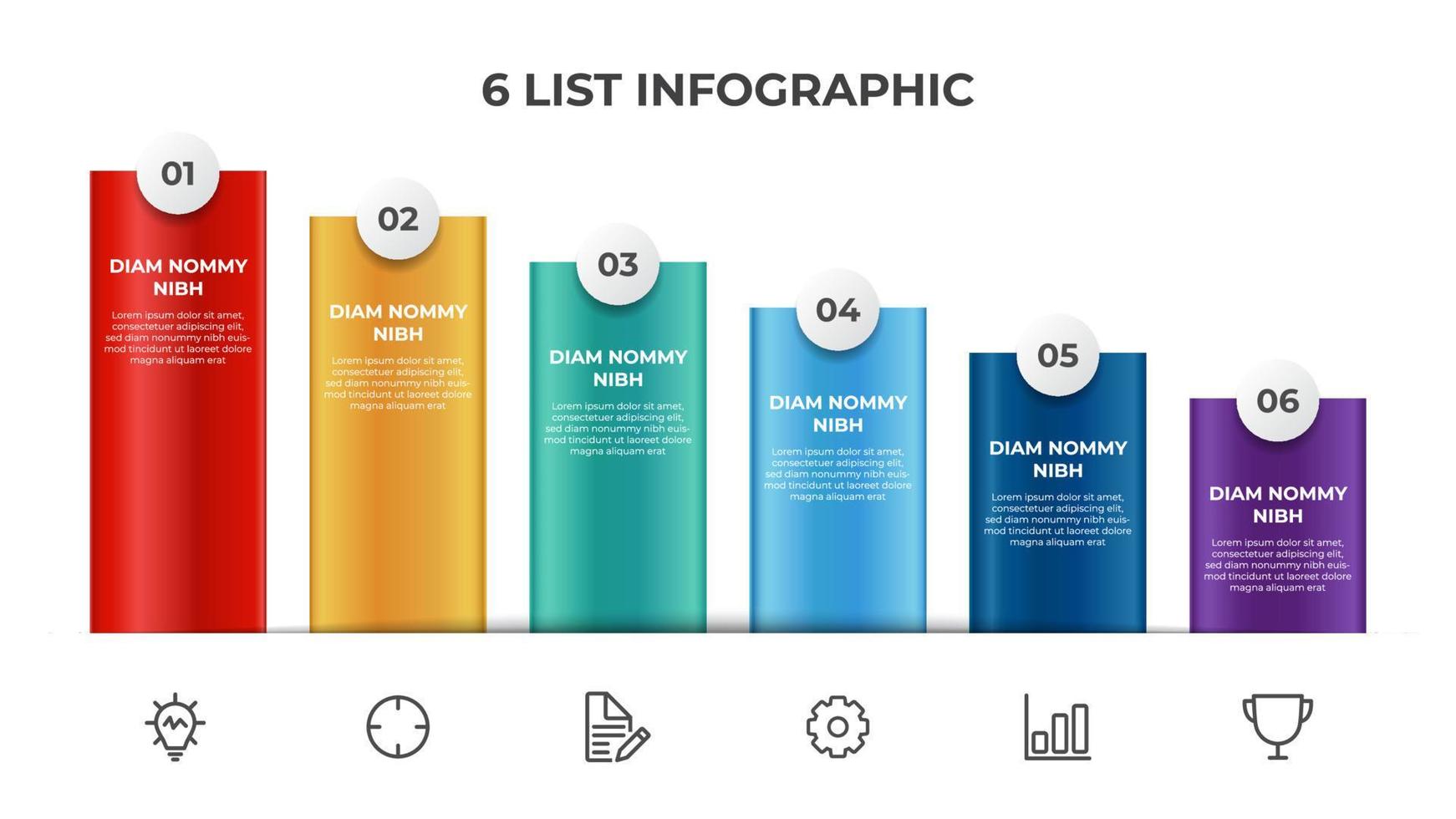 Descending list diagram with 6 points of steps, infographic element layout template vector