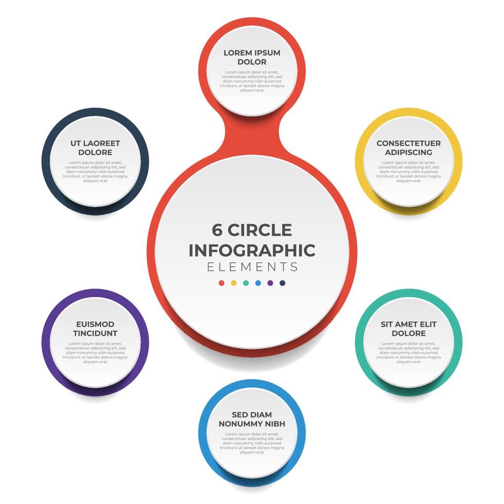 Circular layout diagram with 6 points of steps, sequence, colorful circle infographic element template vector. vector