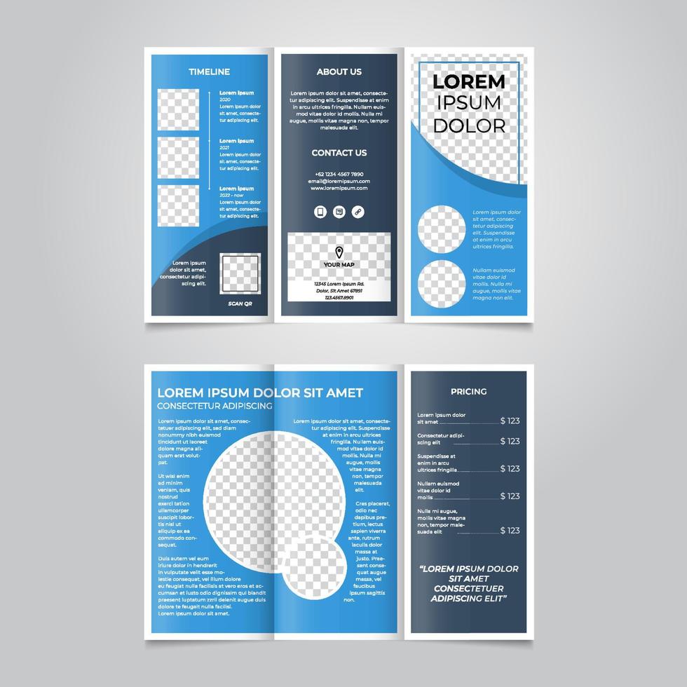 Abstract tri fold brochure template design vector with circle, blue color, in a4 paper