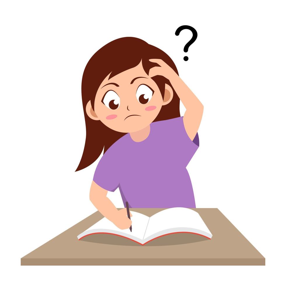 girl confused doing homework, cartoon vector illustration