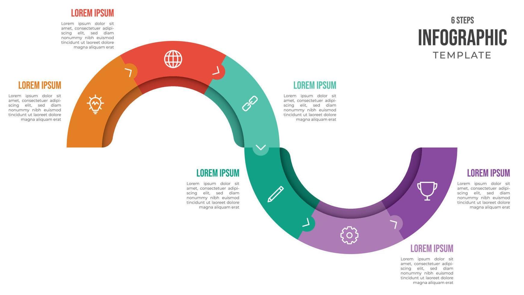 Vector de plantilla infográfica de 6 pasos con iconos, diseño en forma de onda, uso para flujo de trabajo, línea de tiempo, procesos, banner, folleto, folleto, volante, etc.