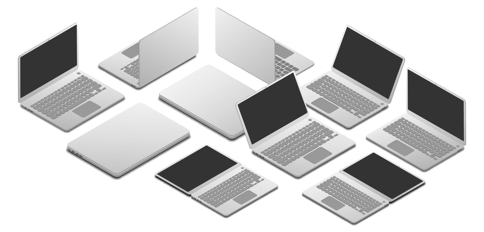 set of opened and closed laptop in isometric view with different angle and position, vector illustration isolated on white background