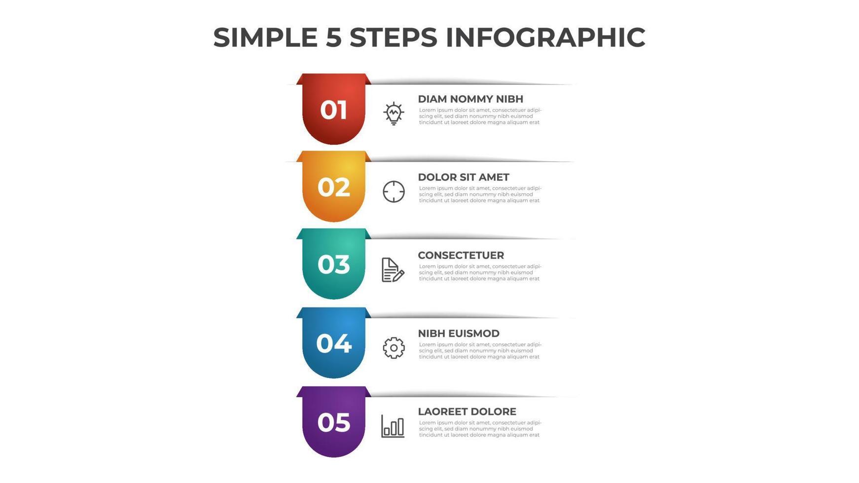 colorido diagrama de 5 puntos de pasos con diseño simple, vector de plantilla infográfica.