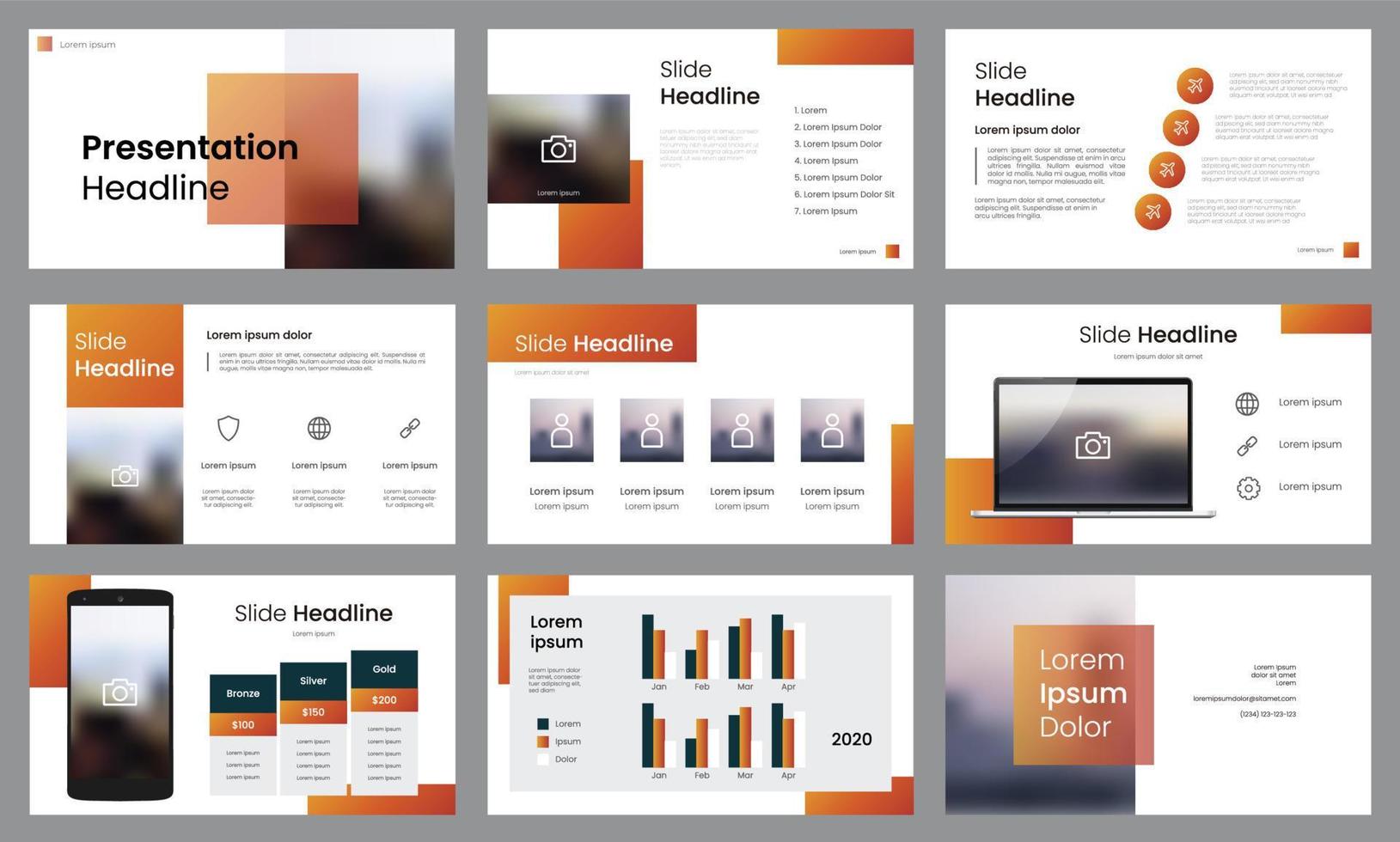 Set of slides presentation template layout vector, Orange colored design. vector