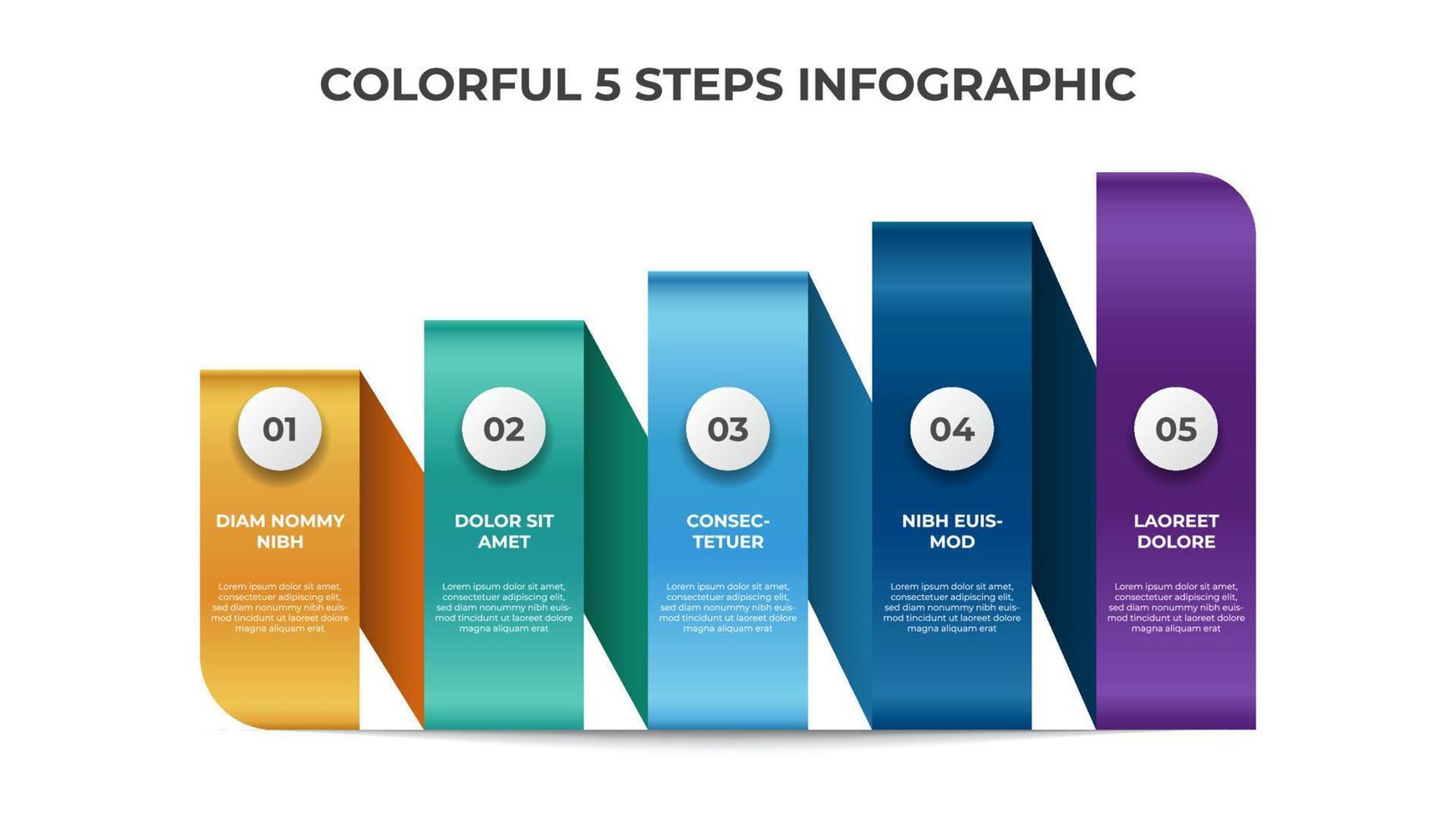 coloridos 5 puntos de pasos con diseño de diseño de lista de escaleras, vector de plantilla de elemento infográfico