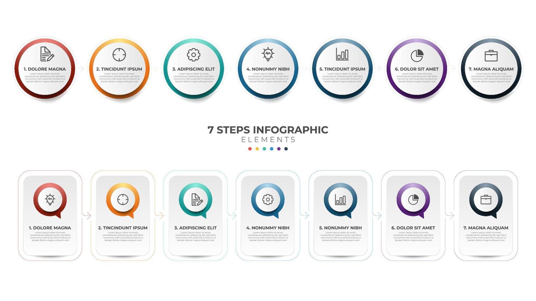 7 lista de pasos, secuencia horizontal con icono y número, diagrama de diseño de plantilla de elemento infográfico vector