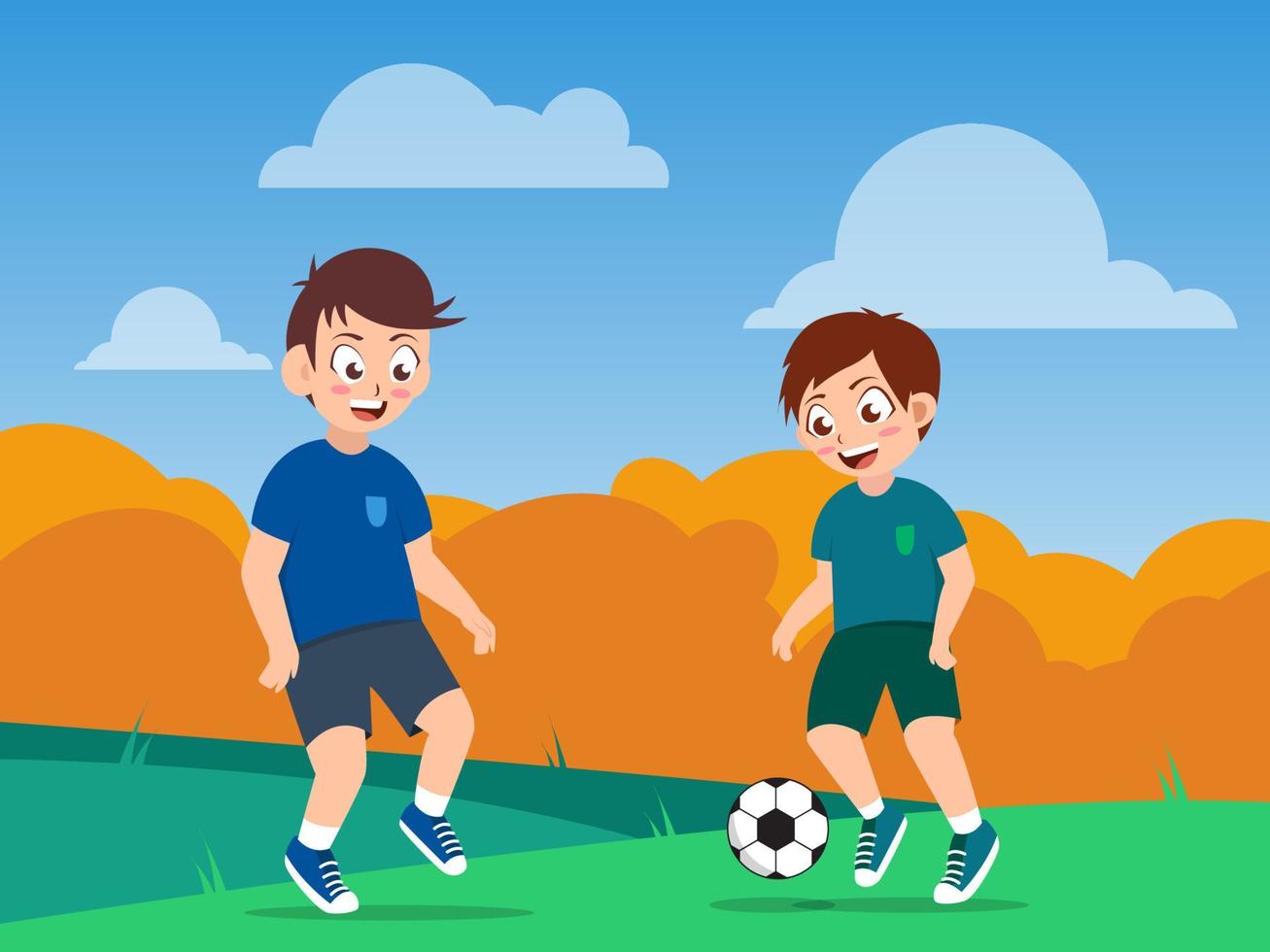 boys play football or soccer on the field, cartoon vector illustration