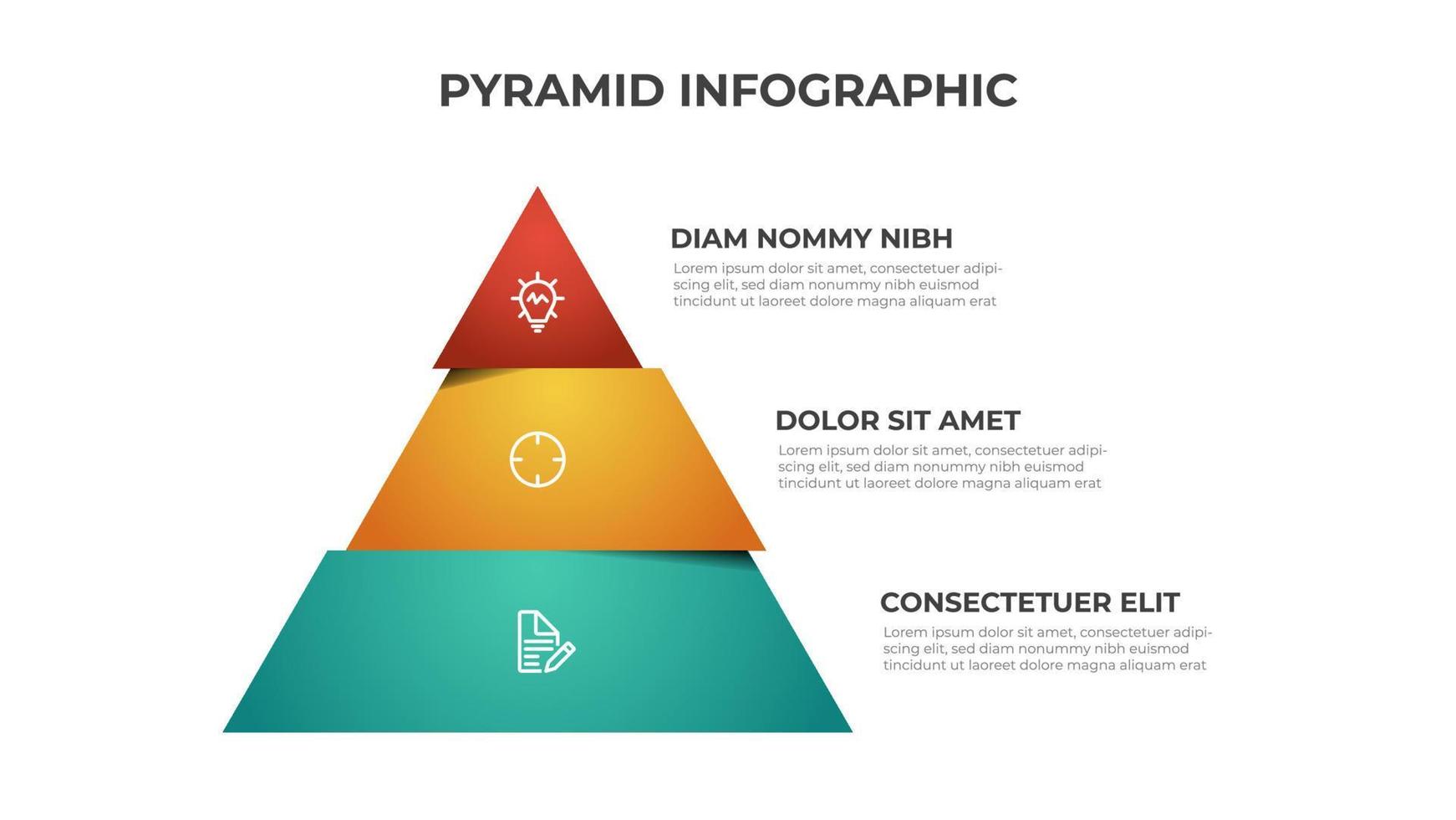 vector de plantilla infográfica de pirámide colorida con 3 pasos, lista, diagrama de niveles. diseño segmentado de triángulo para presentación.