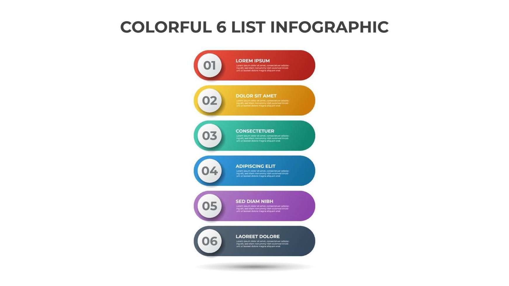 colorido 6 puntos de diagrama de lista, vector de plantilla de elemento infográfico.