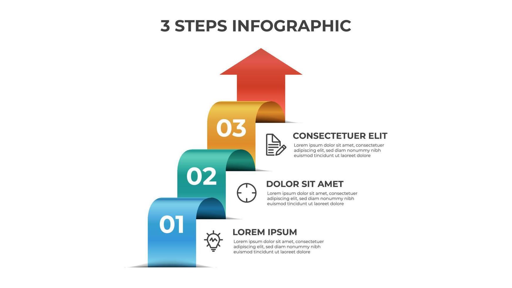 3 escaleras de pasos, plantilla de elemento infográfico, vector de diseño de diseño con diagrama de flecha de lista