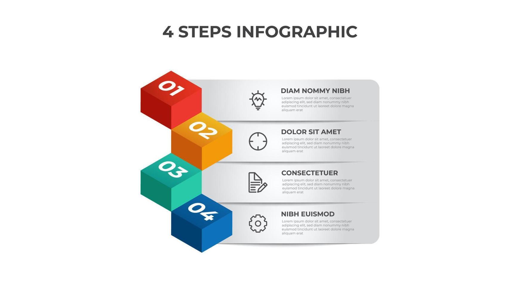 Diagrama de lista de 4 pasos, diseño de fila con secuencia de números isométrica, vector de plantilla de elemento infográfico