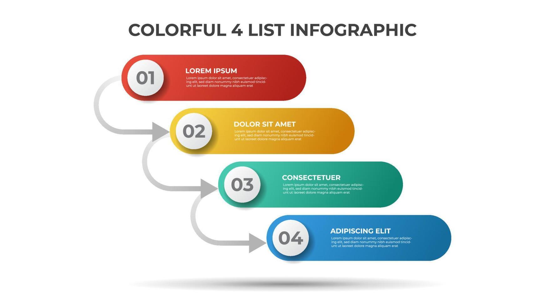 4 puntos de lista o diagrama de pasos con flechas, vector de plantilla de elemento infográfico.