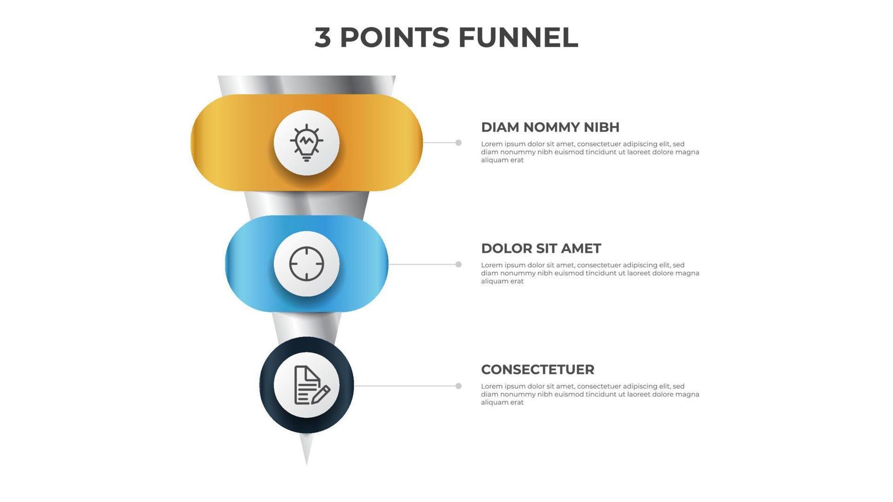 funnel infographic with 3 points, diagram, chart, layout template, can be used for digital marketing, sales, process vector