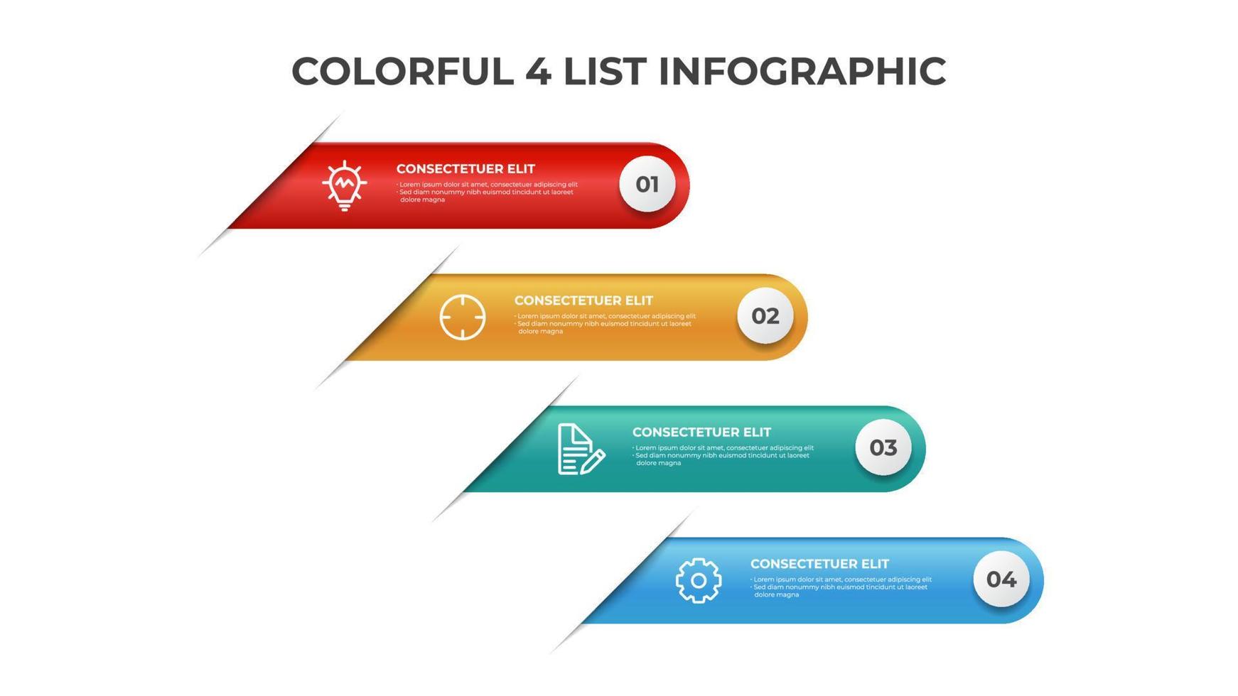 4 puntos de diseño de diagrama de lista, vector de plantilla de elemento infográfico colorido