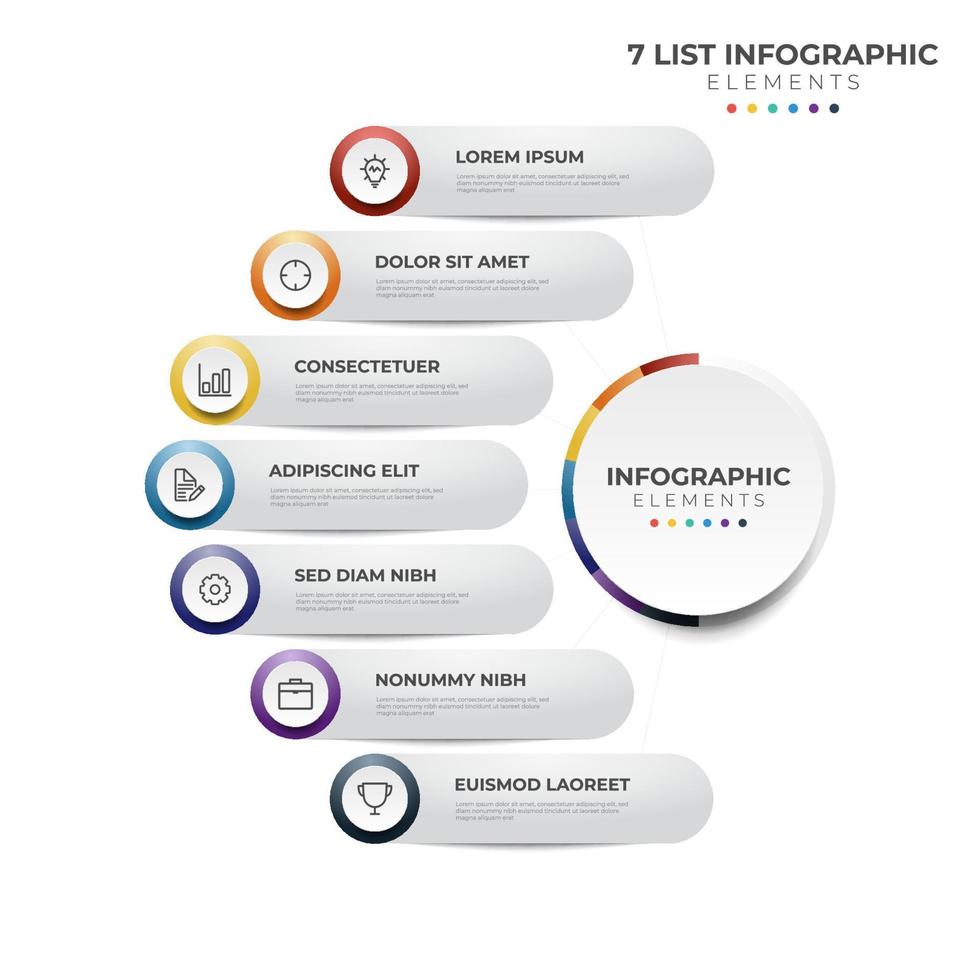 7 puntos de pasos, diagrama de lista circular, vector de plantilla de diseño de elementos infográficos con iconos